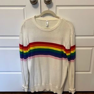 White crew neck sweater with rainbow design